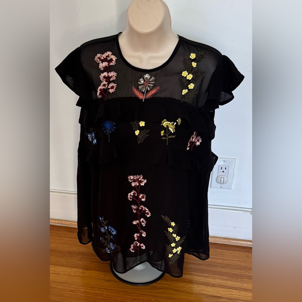 Anthropologie Ranna Gill Black Top with Multicolor Floral Embroidery, size XS